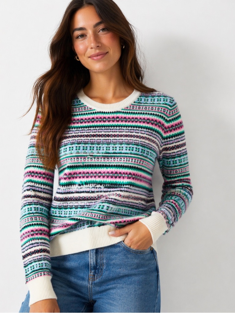 Talbots Petite Fair Isle Sweater Pink Green Wool Blend Cozy Winter P Preppy